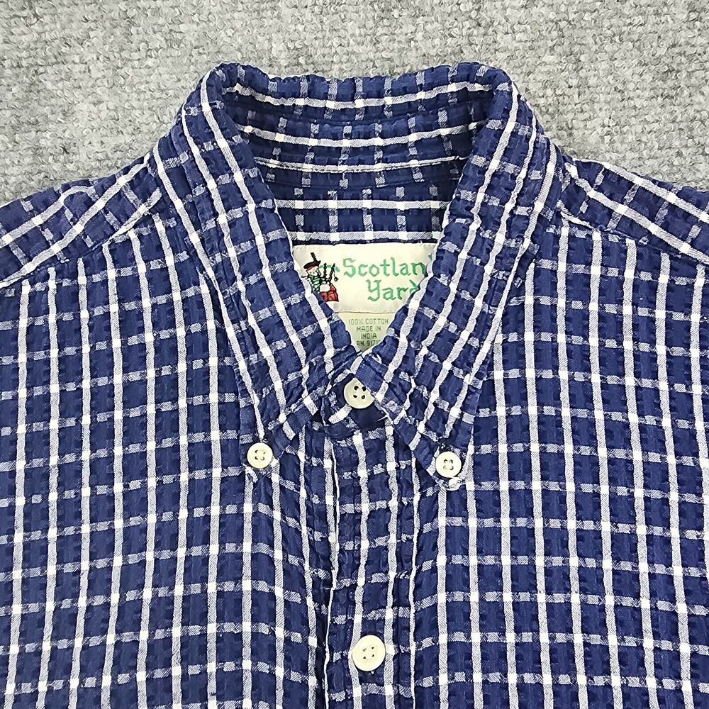 Scotland Yard Shirt Mens Large Blue Plaid Short Sleeve Seersucker Casual Hiking